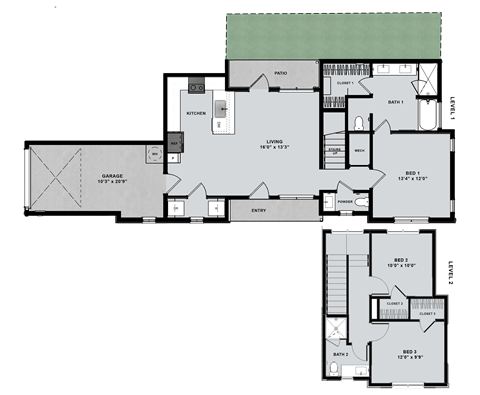 Floor plan for 3 beds, 2.5 baths, 1398 sqft